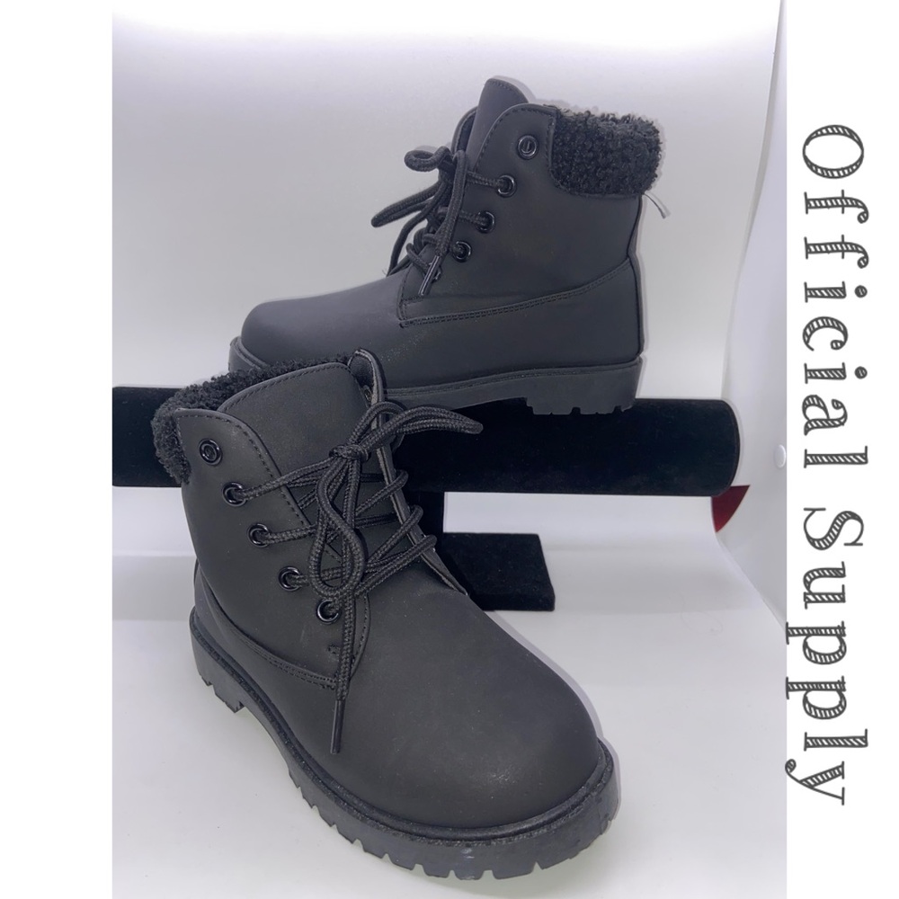 Official Supply~Girls Black Lace up Boots w/sherpa trim~Size 1~NWOT